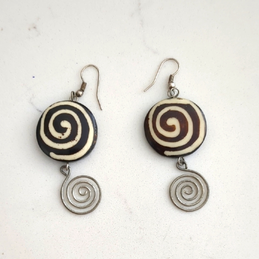 Spiral Swirl Earrings in Brown, Cream, and Silver